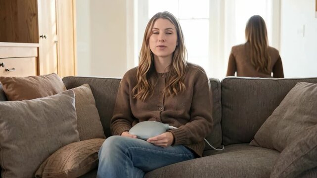 Woman sitting on couch with remote control in hand, looking surprised or intrigued.