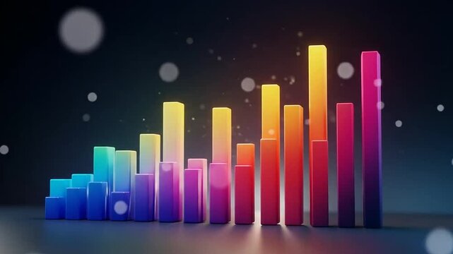 A vibrant three dimensional bar chart showing growth on a dark background