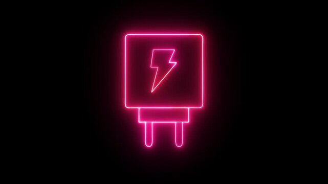 Abstract glowing neon Adapter icon, glowing neon blue color mobile phone charger animation icon on black background.
