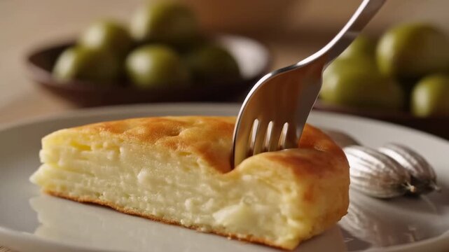 Fork lifting sliced cheese pastry on white plate, golden crust split open to reveal creamy layered filling under warm side light with shallow focus and soft blur