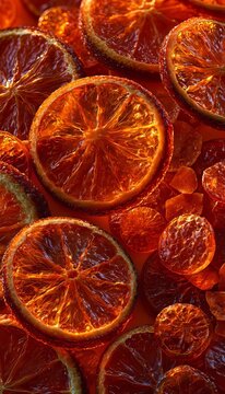 Full Frame Closeup of Translucent Dried Orange Citrons Citricos Arranged in a Colorful Pattern