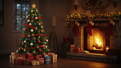 Obraz premium Christmas Tree Decorated with Colorful Ornaments and Gifts Near a Cozy Fireplace