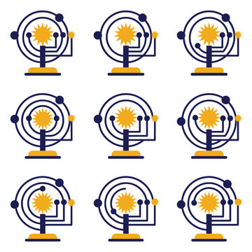 Set of orrery models illustrating solar system motion, sun and planets on orbital paths, flat design elements, educational science icons