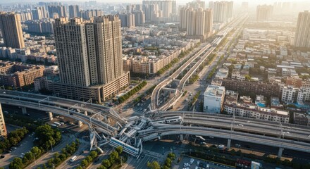 Fototapeta premium Sprawling urban commuter rail network with elevated highways and city buildings under morning sunlight
