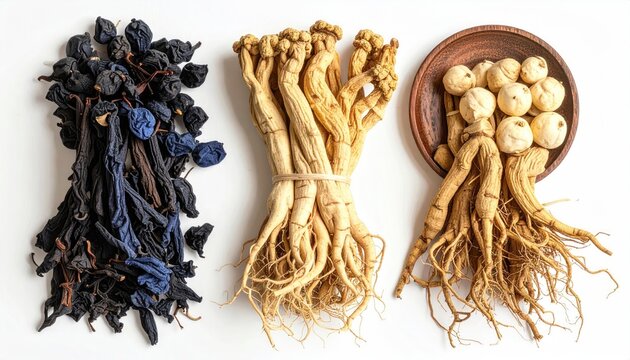 Dried Herbs and Roots Displayed Side by Side on White