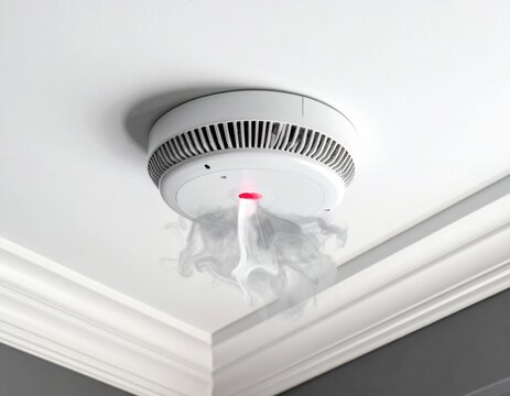 White ceiling-mounted smoke detector emitting a red light with wisps of smoke