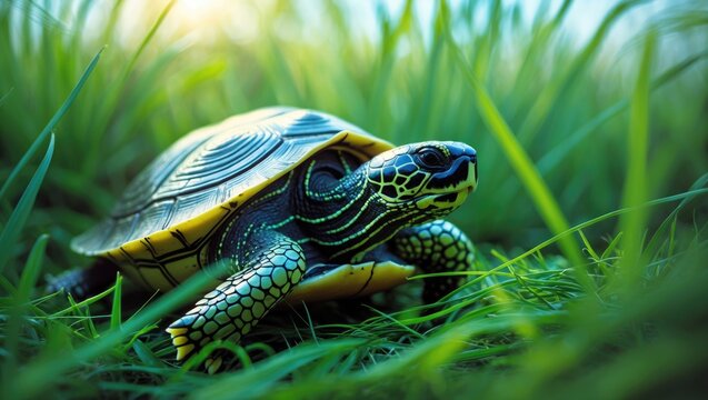 A close-up shot of a small turtle crawling on green grass.