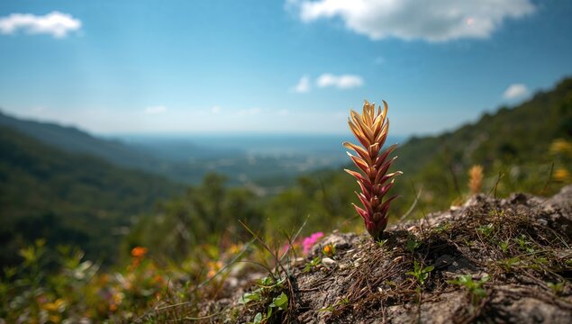 Blooming Plant in Mountain Landscape - Close-Up, Lush Green, Bright Sky