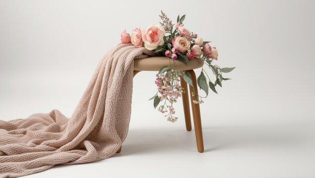 Wooden stool with pink flowers and cozy blanket draped over it
