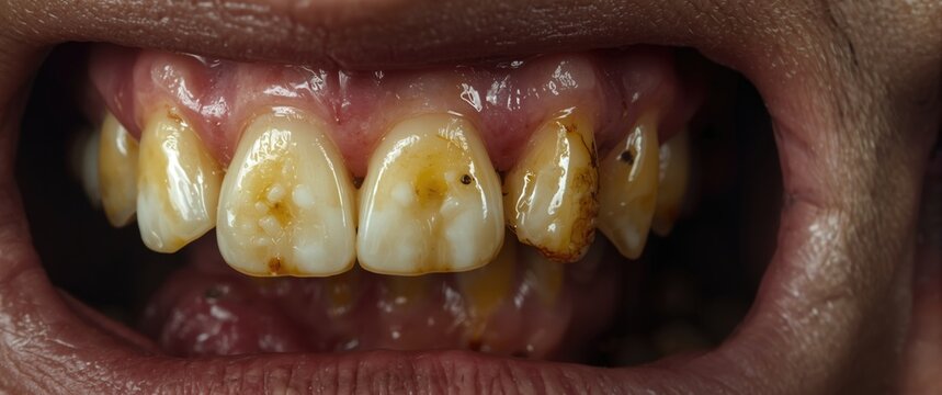 Closeup of Unhealthy Teeth with Plaque Buildup on Gums