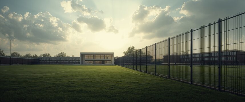 Modern School Building by a Large Green Sports Field Under Dramatic Cloudy Sky