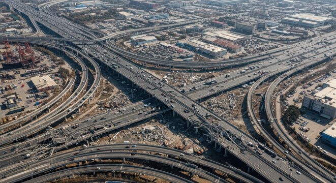 Vast aerial view of a massive, complex highway interchange bustling with traffic and urban infrastructure