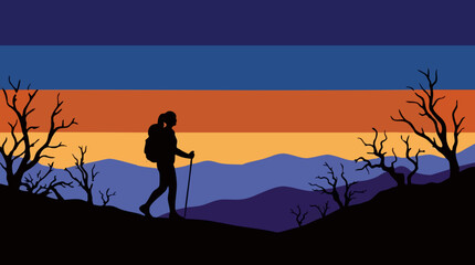 Fototapeta premium Female hiker silhouette in mountain landscape with starry sky at dusk.
