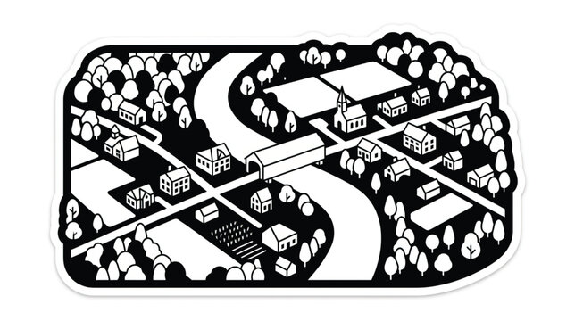 Aerial View of a Quaint Village with Covered Bridge and River in a Minimalist Black and White Style