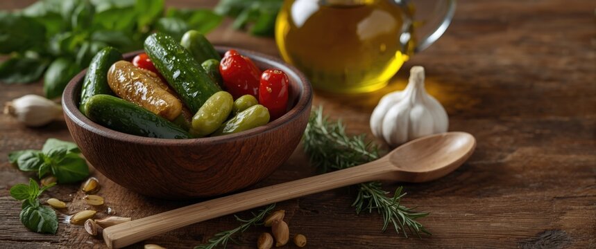 Fresh Assorted Vegetables in a Wooden Bowl with Olive Oil and Garlic on a Rustic Table