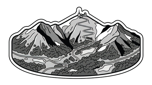 Aerial view of a mountain range with a winding road, train, and summit buildings, vector illustration