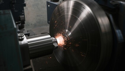 Fototapeta premium Metal Lathe Cutting with Sparks Flying in Industrial Workshop