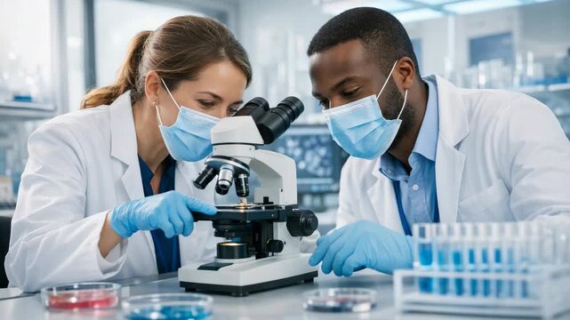 Two scientists in lab coats and gloves examining a slide under a microscope with multiple test tubes on the counter
