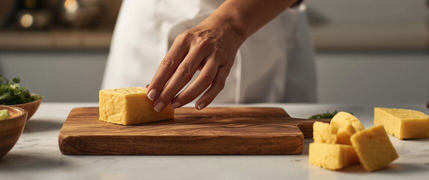 Hand Placing Cheese Block on Wooden Cutting Board in Kitchen Environment
