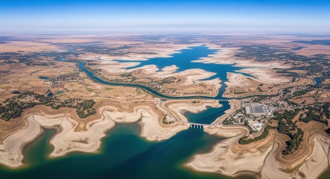 Vast reservoir dramatically shrunk by extreme drought, revealing parched earth and low water levels from above.