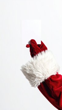 Festive gloved hand holds blank card against white background