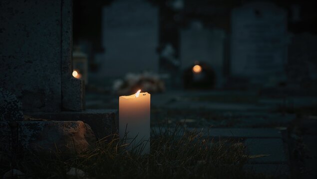 Candle Flickering in a Graveyard at Night with Soft Glow