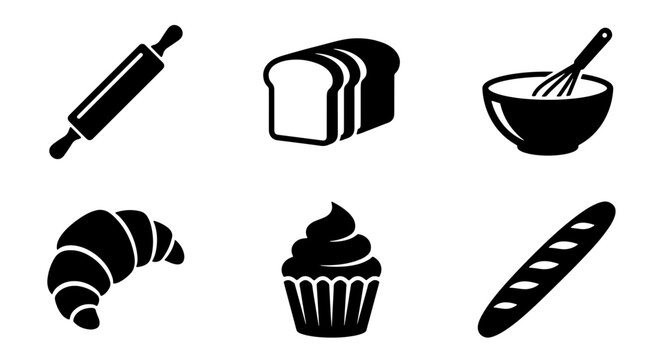 70 Bakery Icons Set: Rolling Pin, Bread Loaf, Whisk Bowl, Croissant, Cupcake, Baguette Vector Graphics for Food Service and Culinary Design 100