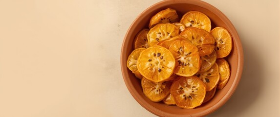 Naklejka premium Dried Citrus Slices in a Clay Bowl on Neutral Background