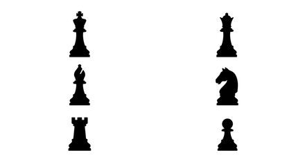 70 Six Classic Chess Piece Icons, Vector Silhouettes: King, Queen, Bishop, Knight, Rook, Pawn, Strategy Game Elements, Black on White 100 © Abu