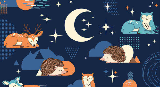 Sleeping forest animals like deer, hedgehog, and owl under a crescent moon and stars in a peaceful night sky scene for children.