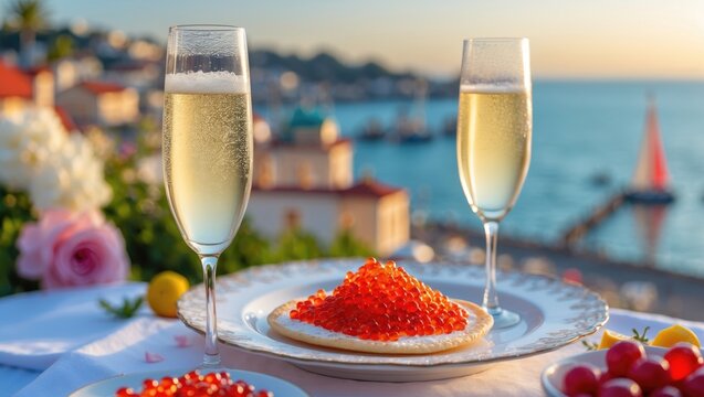 Summer vacations feature a Russian-style party with two glasses of icy white champagne, bliny with red caviar, and a scenic view near a coastal city.