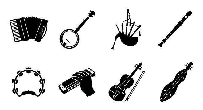 70 Set of 8 Black Silhouette Musical Instruments Vector Icons: Accordion, Banjo, Bagpipes, Flute, Tambourine, Harmonica, Violin, Dulcimer 100