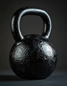 Black, cast-iron kettlebell with textured surface on dark background
