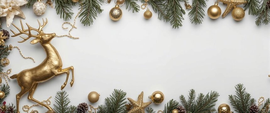 Golden Reindeer Surrounded by Christmas Ornaments and Pine Branches on White Background
