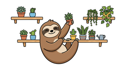 Fototapeta premium Cute cartoon sloth hanging on a wooden shelf surrounded by potted houseplants and succulents.