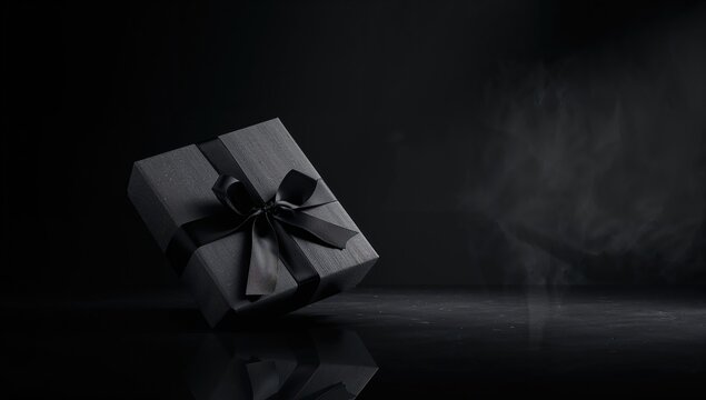 Black Gift Box with Ribbon on Dark Background with Soft Smoke