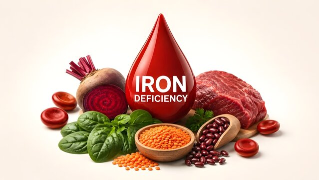 Iron deficiency anemia concept showing a blood drop surrounded by raw meat, beetroots, spinach, and lentils for healthy nutrition