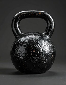 A well-worn, black, cast iron kettlebell against a dark gray background