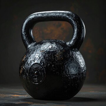 A rugged, textured black kettlebell rests on a dark, distressed surface