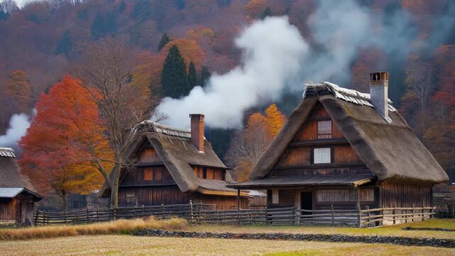Traditional thatched houses with smoke in Gifu Japan autumn
