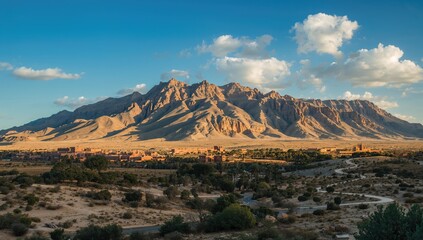 Naklejka premium Mountain Range Under Blue Sky with Clouds and Desert Landscape