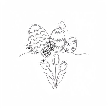 Stylized Easter eggs with tulips and butterfly drawn in continuous line art during spring celebration Isolated on transparent background