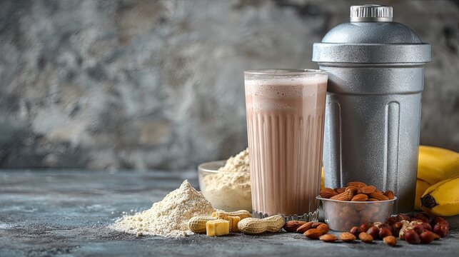 Sports nutrition products and protein shakes arranged after a workout, highlighting fitness recovery, muscle support, healthy performance, and an active lifestyle