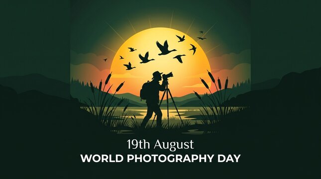 World photography day illustration photographer capturing sunset with birds in silhouette