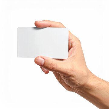 A hand holds a blank white card, isolated on a white background