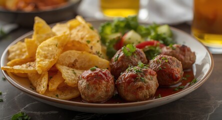 Fototapeta premium Tasty roasted meatballs served with crispy chips and a side of fresh garden vegetables