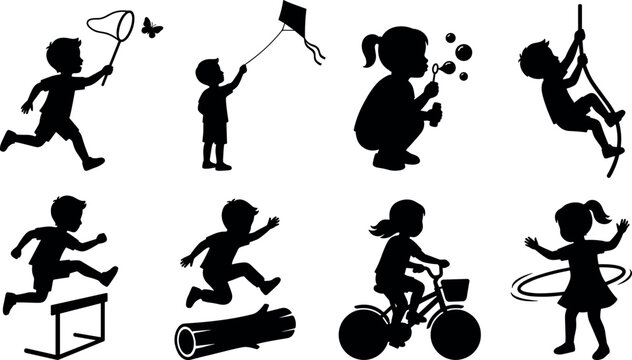 Children outdoor activities silhouettes set with kids playing catching butterflies flying kites riding bicycle