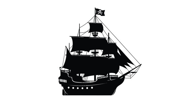 Pirate Ship Silhouette Against White Background Nautical Illustration