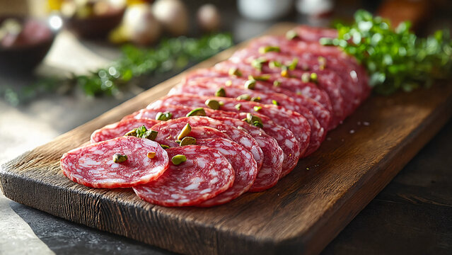 Sliced salami arranged artistically , gourmet food advertising, delicatessen websites, Italian cuisine editorials, restaurant menus, gourmet blogs, hospitality marketing, social media campaigns