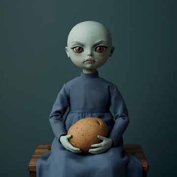A melancholic handmade doll portrait featuring a pale mint-green round head with tiny freckles, large amber eyes with shiny black pupils, and a small emotionless mouth, dressed in a textured blue-gray